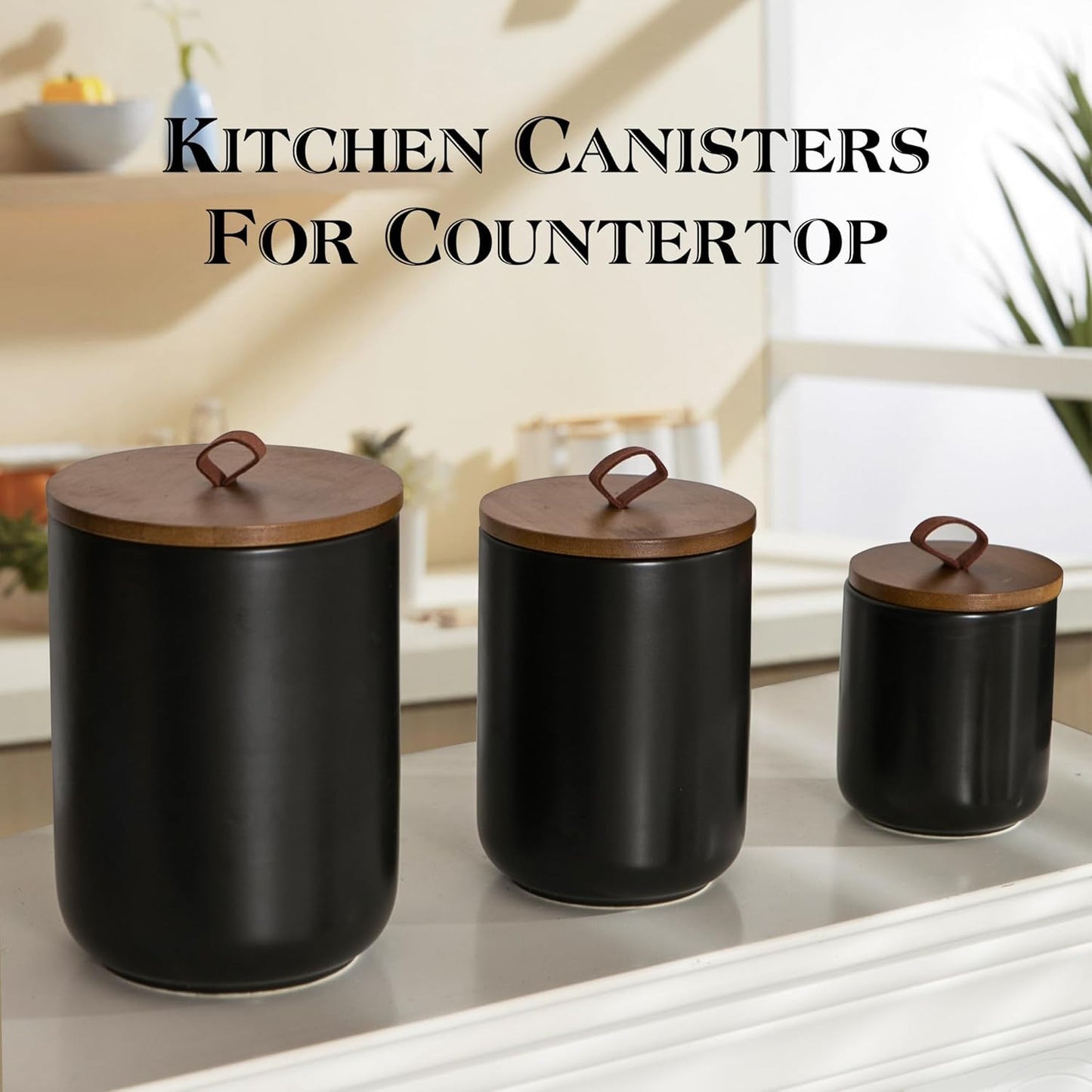 Black Ceramic Canister Set with Wooden Lid, 3-Piece Food Storage Jars for Kitchen Counter, Storage