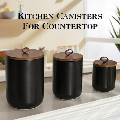 Black Ceramic Canister Set with Wooden Lid, 3-Piece Food Storage Jars for Kitchen Counter, Storage