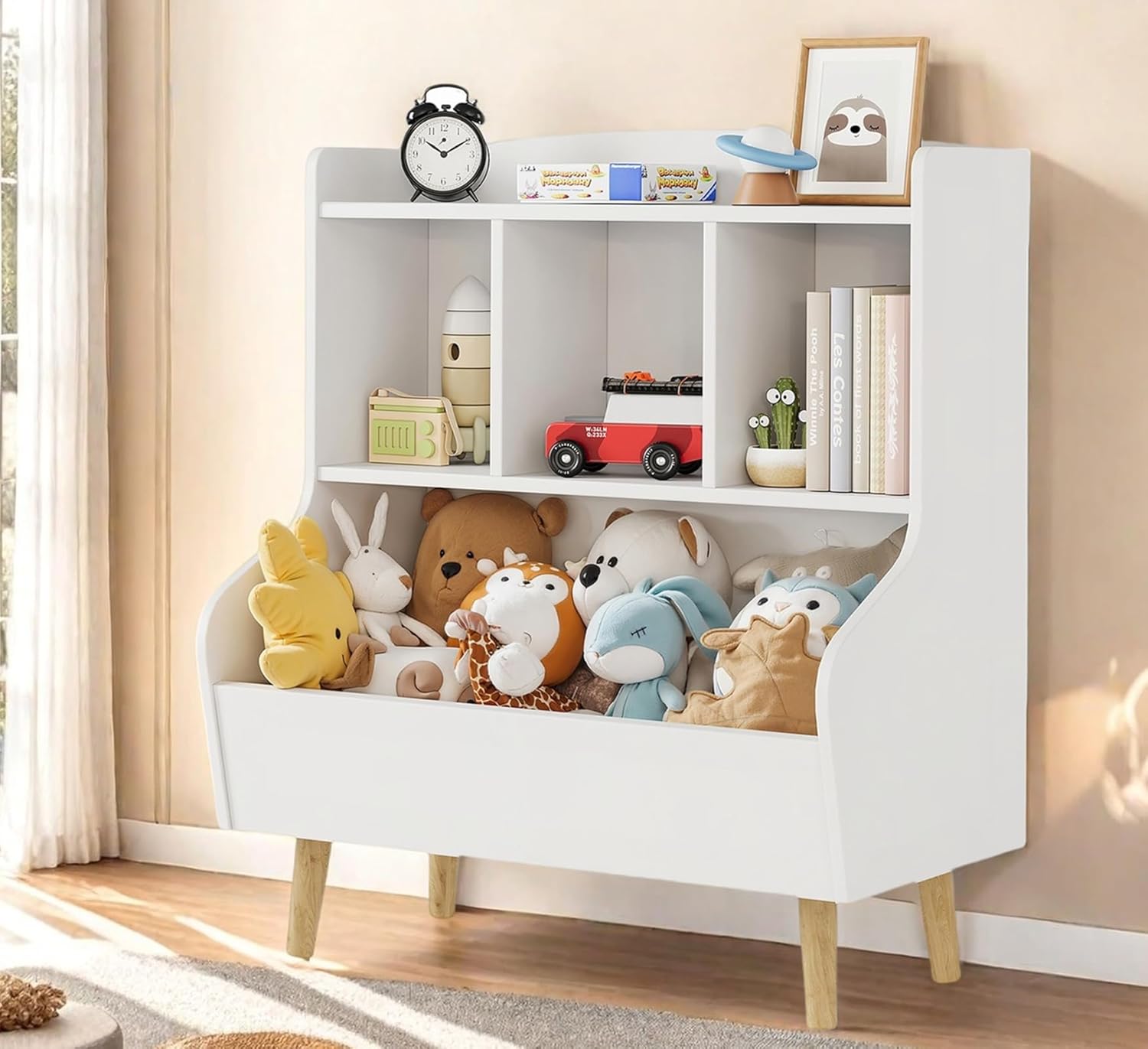 Kids Bookshelf and Toy Storage, 4-Cubby Toy Storage Organizer with Bookcase, Wood Kid Storage