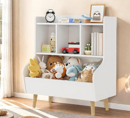 Kids Bookshelf and Toy Storage, 4-Cubby Toy Storage Organizer with Bookcase, Wood Kid Storage