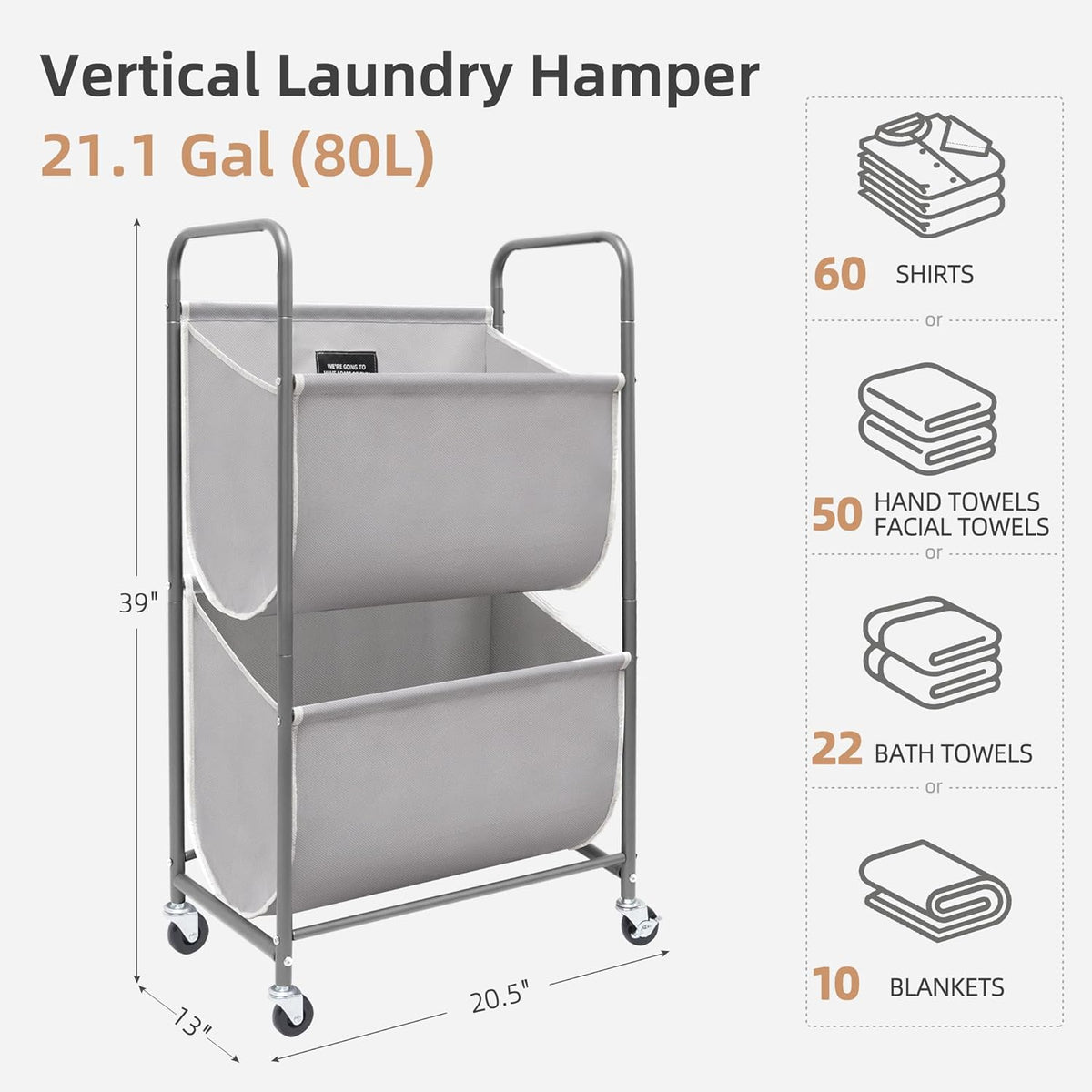 STORAGE MANIAC 80 Liters Vertical Rolling Laundry Hamper, 2 Section Laundry Sorter with Wheels and