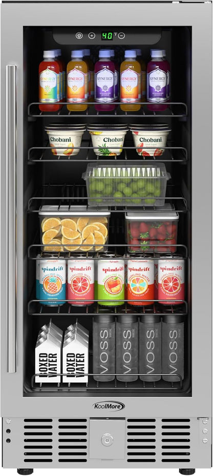 KoolMore 15” Inch Small Built-In Refrigerator and Beverage Cooler for Soda Cans, Beer Cans, Food