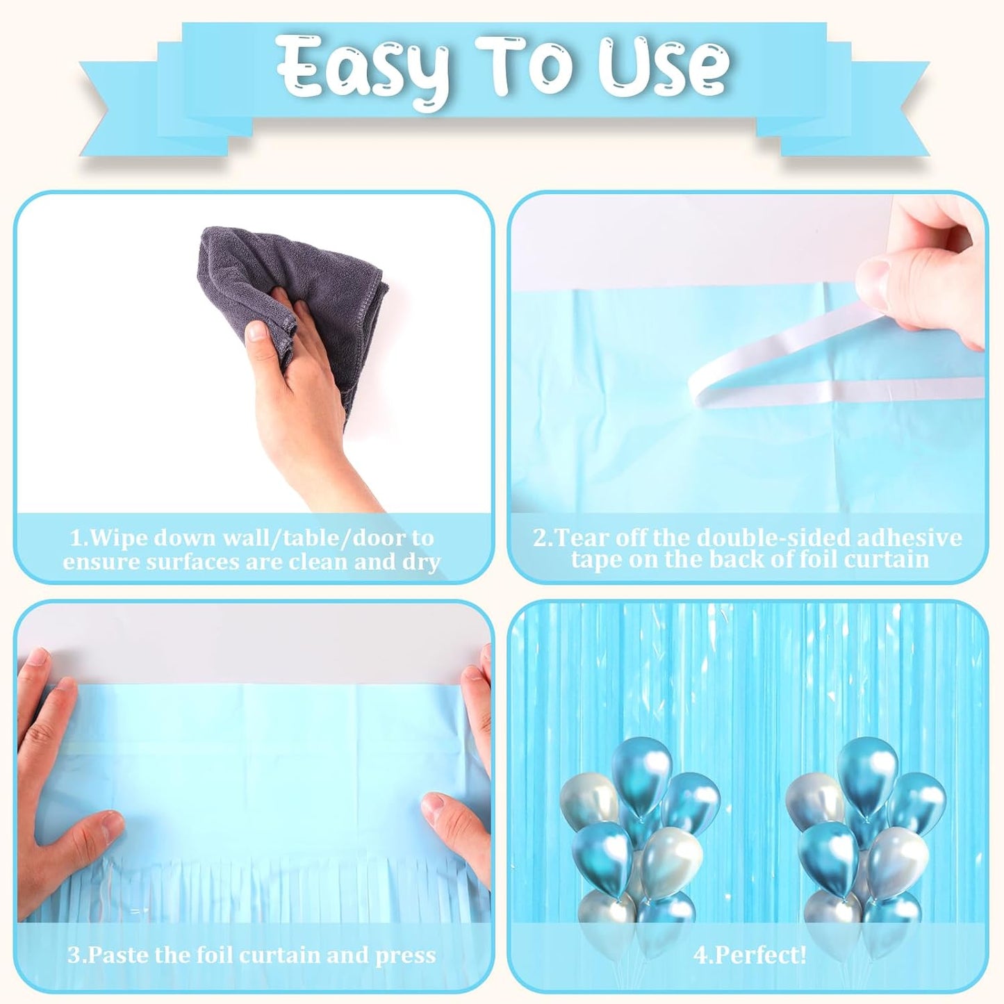 3 Pack 3.3 x 8.2 ft Pastel Blue Foil Fringe Backdrop Curtains, Tinsel Streamers Birthday Party