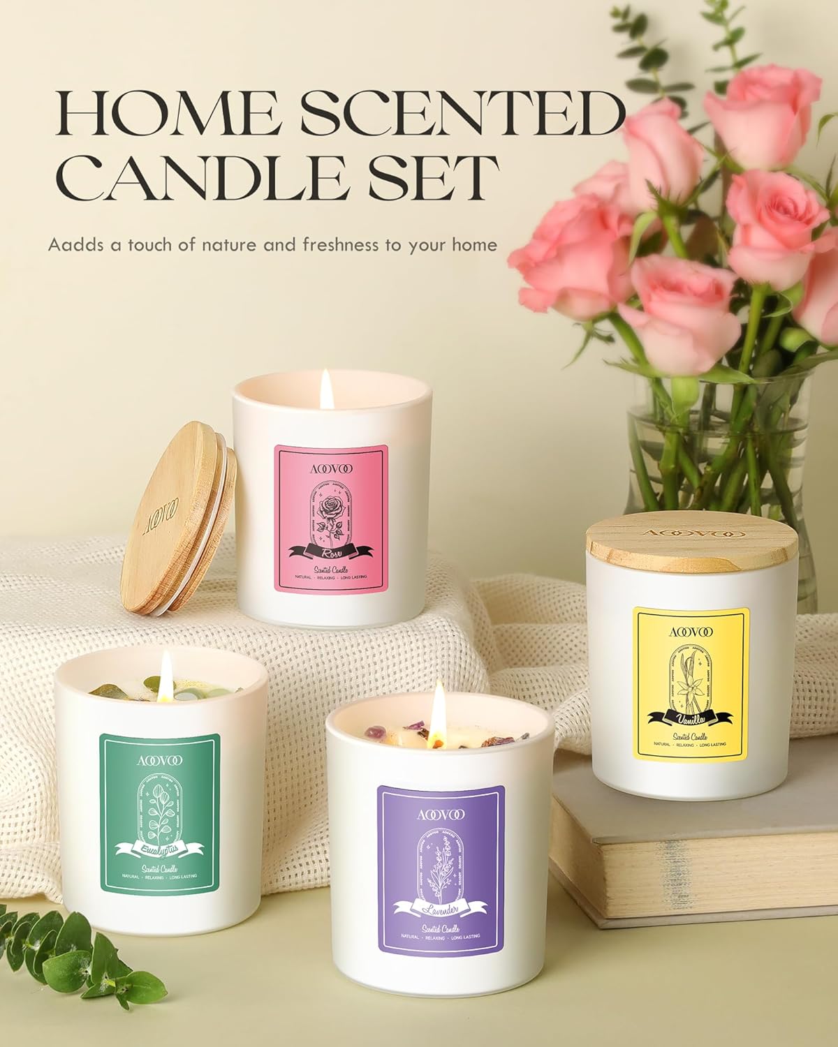 AOOVOO Rose/Vanilla/Eucalyptus/Lavender Scented Candles for Women - Aromatherapy Candle with