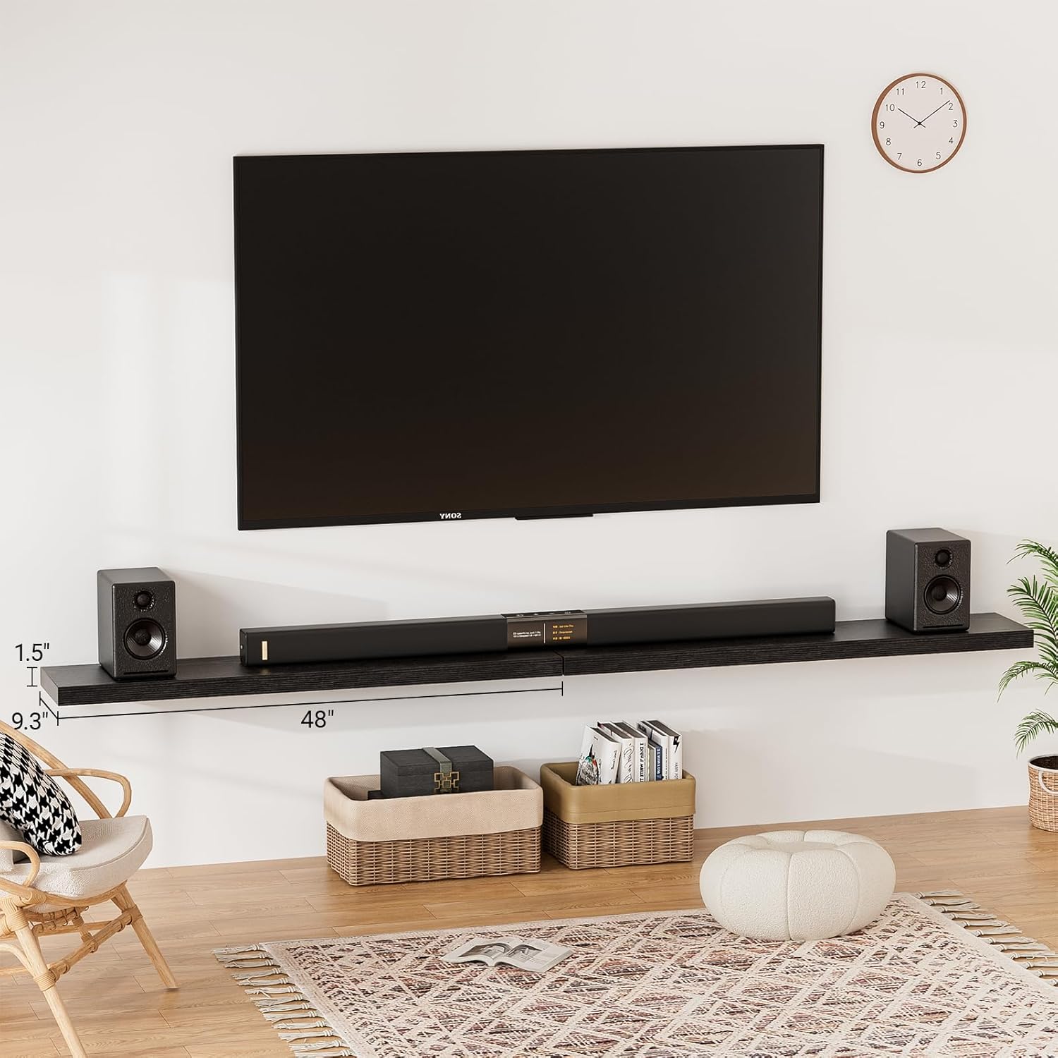 Heimlove Floating Shelves for Wall 48 Inches Long,9.3" Deep Black Floating Shelf Set of 2,Wall