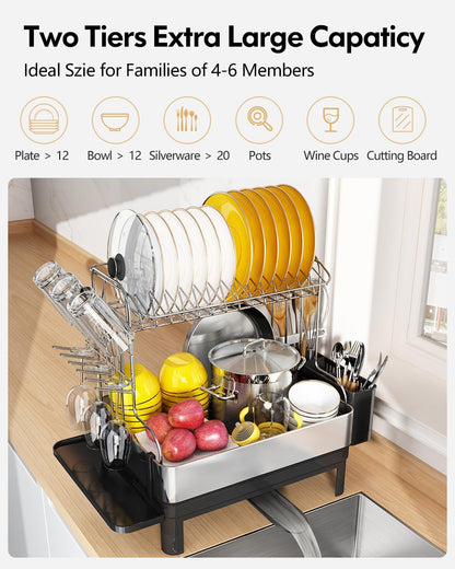 BOOSINY Dish Drying Rack with Drainboard, Stainless Steel Dish Rack, 2 Tier Extra Large Dish