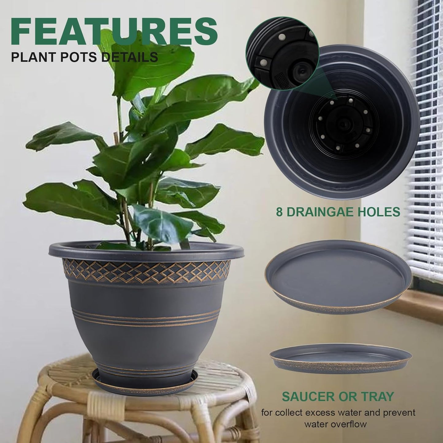4 Pack 12 Inch Large Plant Pots, Plastic Flower Pot for Indoor & Outdoor with Drainage Holes &