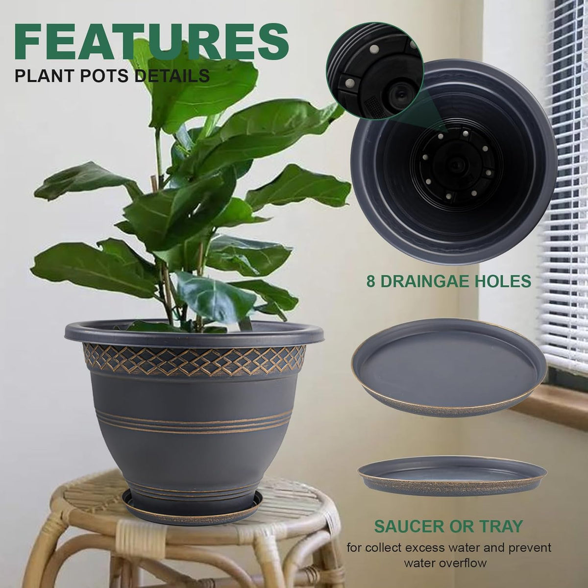 4 Pack 12 Inch Large Plant Pots, Plastic Flower Pot for Indoor & Outdoor with Drainage Holes &
