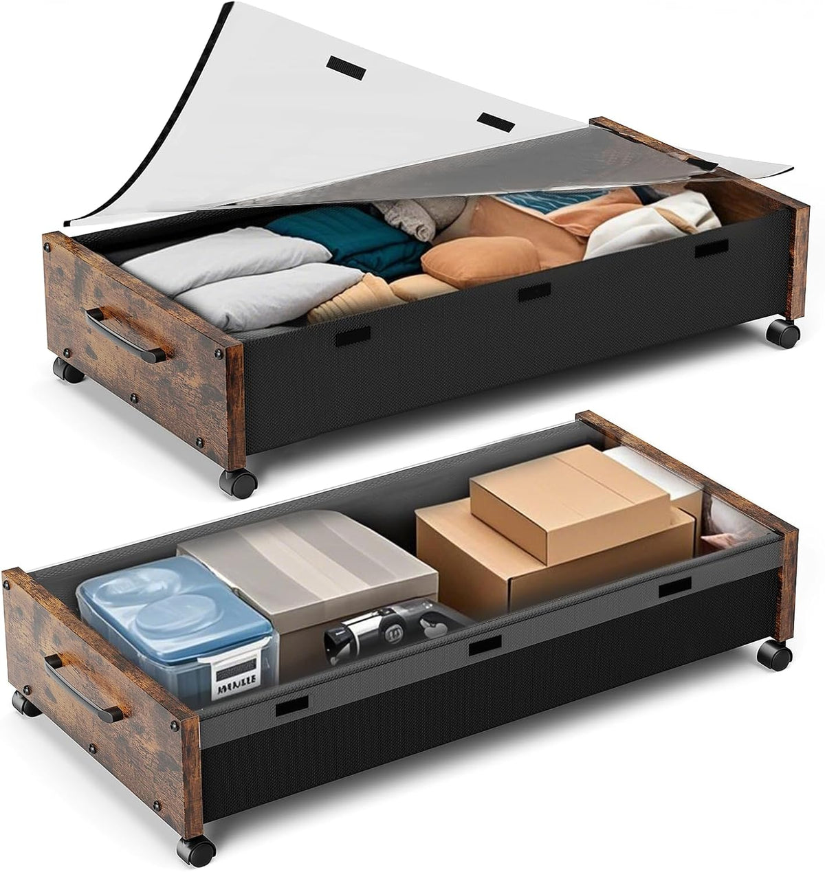 Wooden Under Bed Storage with Wheels, 80L Extra-large Rolling Under the Bed Storage Bins 2 Pack