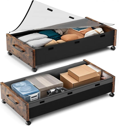 Wooden Under Bed Storage with Wheels, 80L Extra-large Rolling Under the Bed Storage Bins 2 Pack