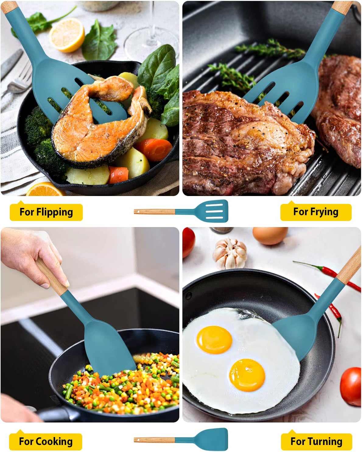 Pack of 2 Silicone Cooking Spatula, Heat Resistant Solid Turner, Non Stick Slotted Spatulas with