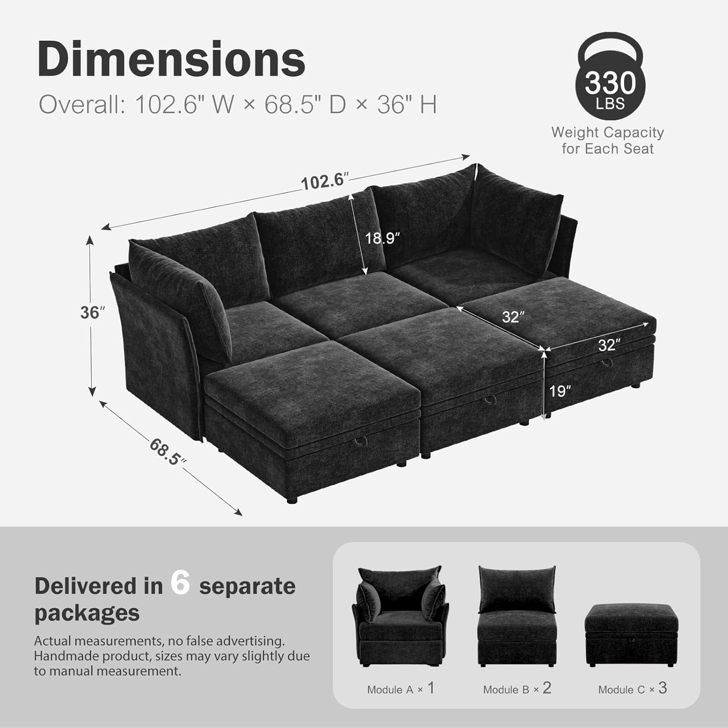 102.6" Luxury Modular Sleeper Sofa Bed 6 Seat Reversible Sectional Couch Deep Seat with Storage