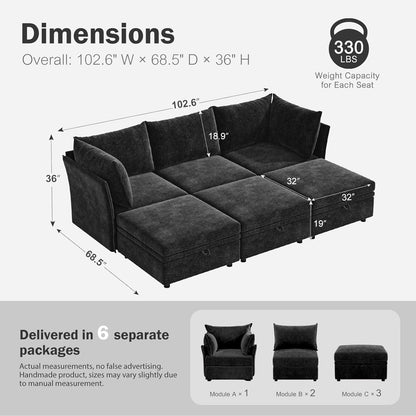 102.6" Luxury Modular Sleeper Sofa Bed 6 Seat Reversible Sectional Couch Deep Seat with Storage