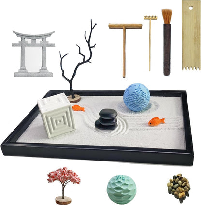 Japanese Zen Garden Kit for Desk with 3 Sand Spheres, Zen Decor with Wooden Tray and Natural Rake