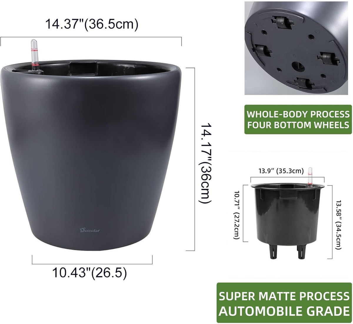 Dexceder 15x14 Self Watering Planter with Wheels Indoor Outdoor, Inner Pot Design, Thickened Large