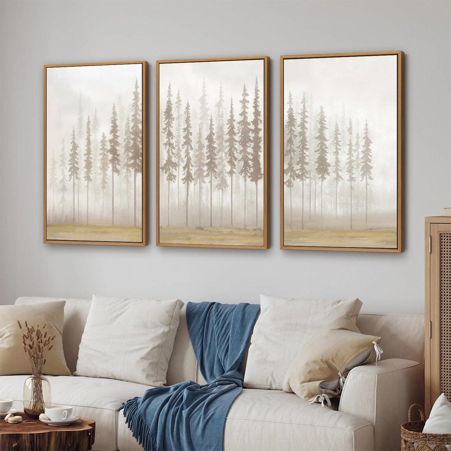 SIGNINART Large Pine Tree Framed Canvas Wall Art Set, Foggy Forest Landscape Wall Decor, Modern