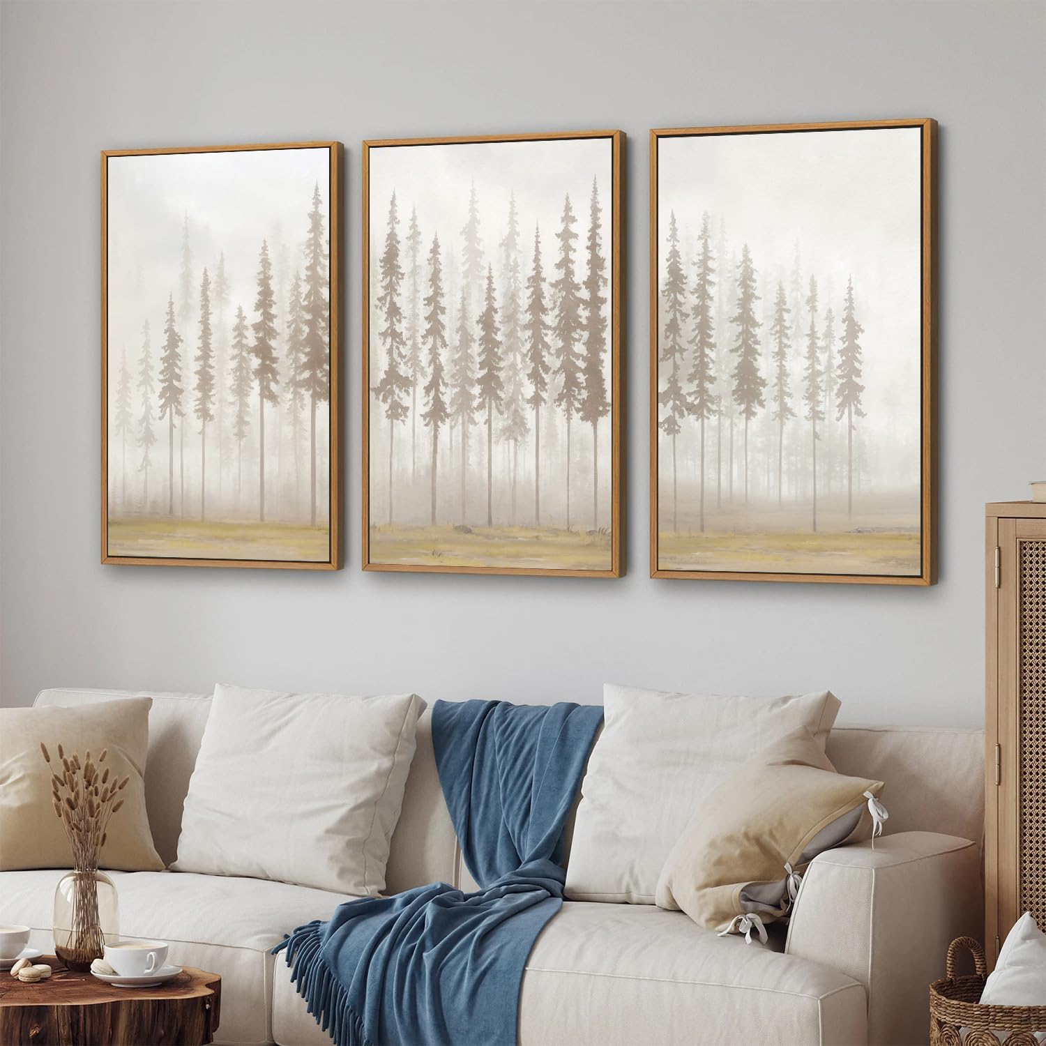 SIGNINART Large Pine Tree Framed Canvas Wall Art Set, Foggy Forest Landscape Wall Decor, Modern