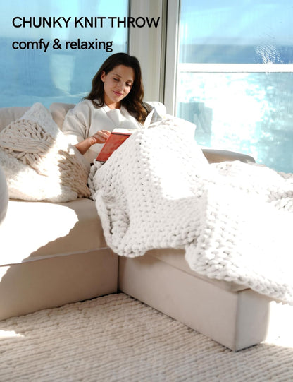 YnM Chunky Throw Blanket, Medium-Weight, Hand Knitted with Chenielle Yarn, Skin Friendly