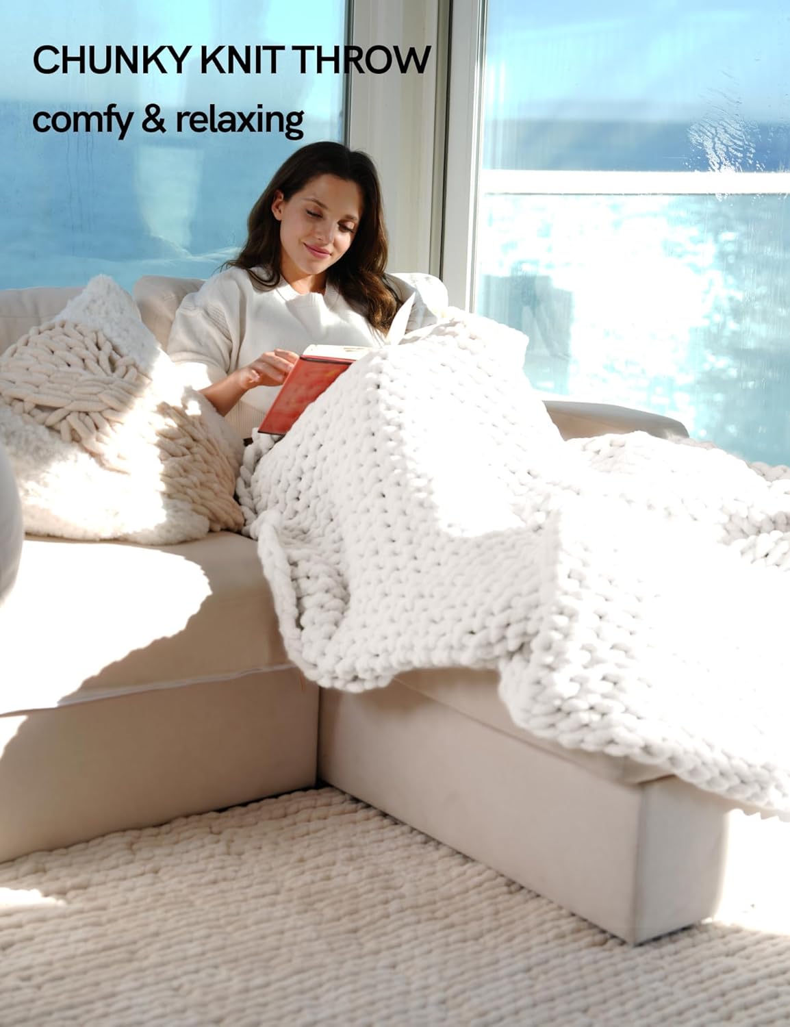 YnM Chunky Throw Blanket, Hand Knitted with Chenille Yarn, Skin Friendly, Ventilated and