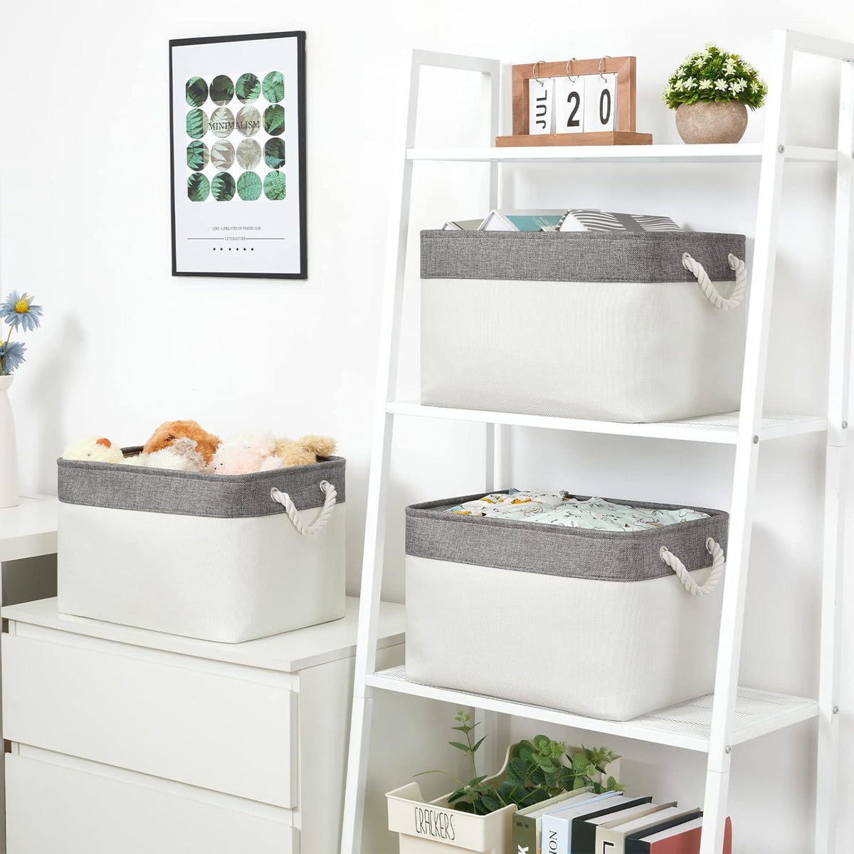 Bidtakay White Baskets with Cotton Rope Handles Decorative Storage Bins [3-pack] Fabric Bins for