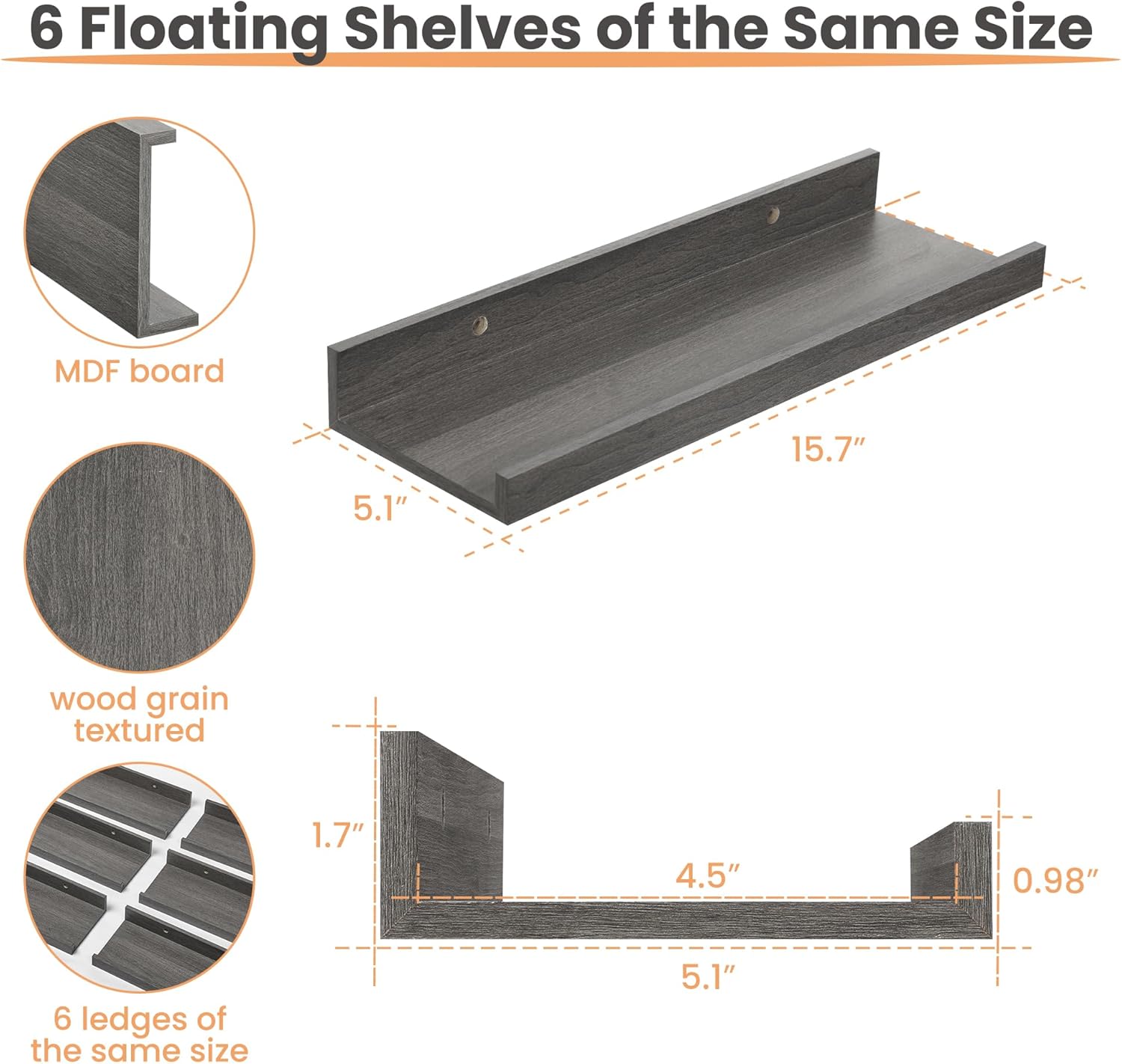 upsimples Floating Shelves for Wall, Wall Shelves for Decor Storage Set of 6, Wall Mounted Wood