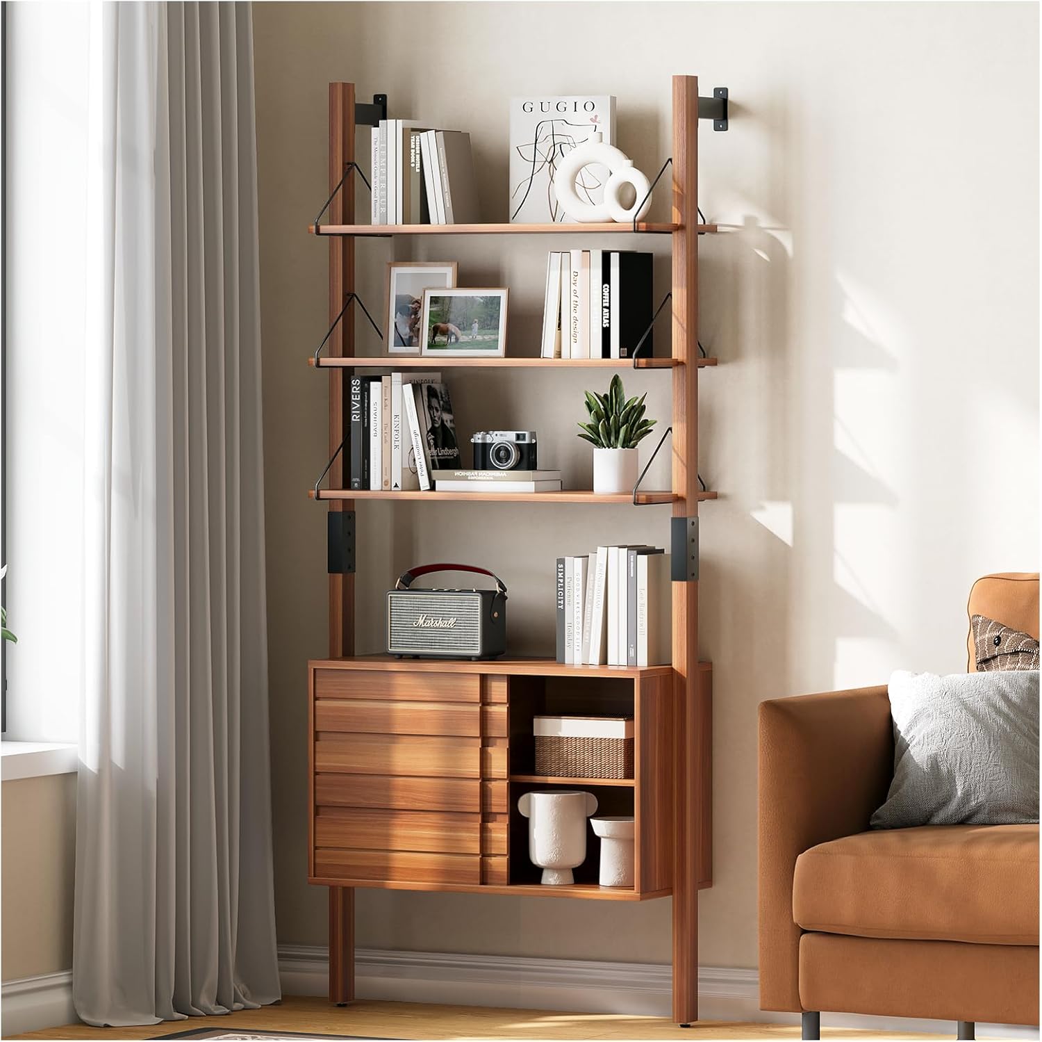 Ladder Bookshelf with Storage Cabinet, Mid Century Modern Wall Mounted Bookcase with Wood and Metal
