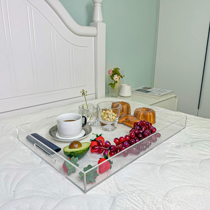 Clear Rectangular 14x20 Inches Acrylic Ottoman Tray Decorative Serving Tray with Cutout Handles