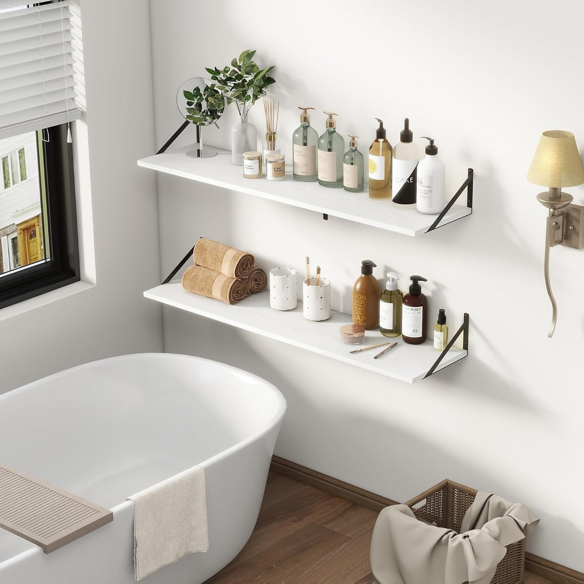 12 Inch Deep Floating Shelves, White Floating Shelves 48W x 12D, Deep Wall Shelves Bracket Set of