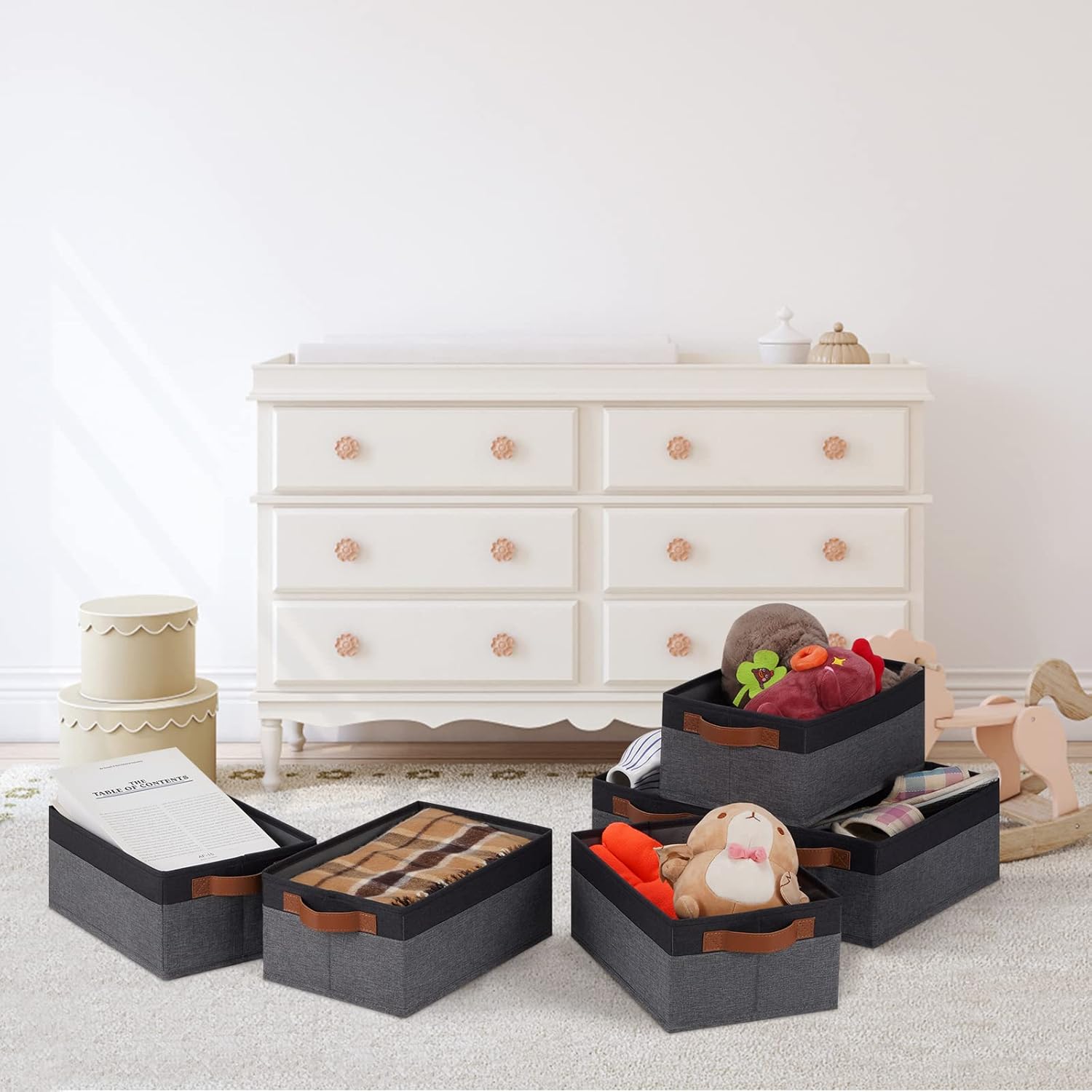 GhvyenntteS Small Fabric Storage Bins 12 Pack, 11.8" x 7.87" x 5.11" Storage Basket with Leather