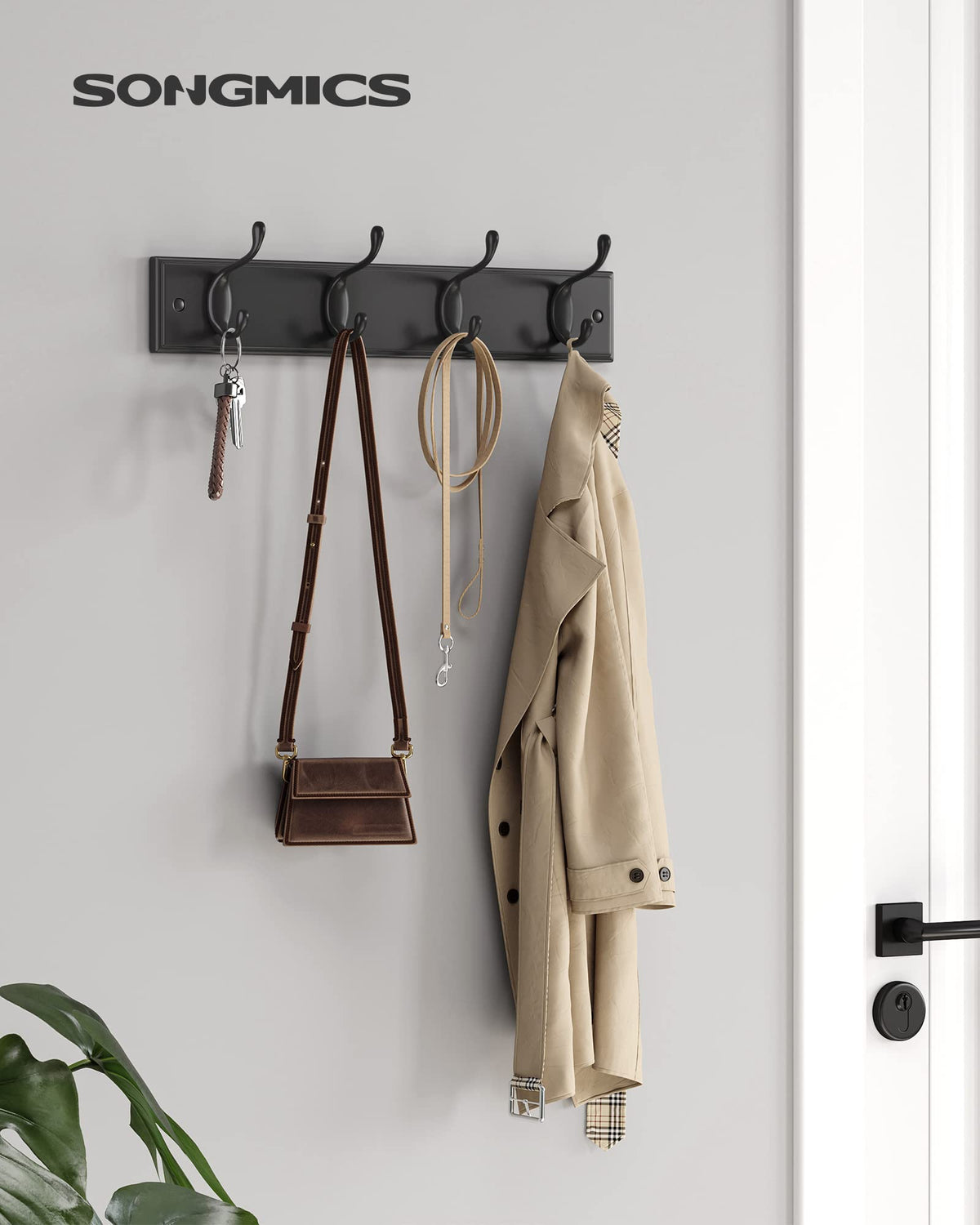 SONGMICS Wall-Mounted Coat Rack, Hook Rack, 4 Dual Metal Hooks, Black