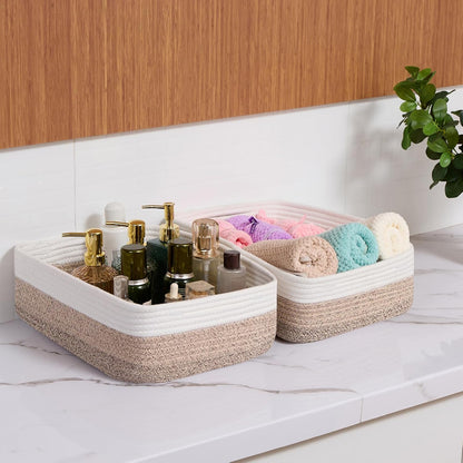 Large Shallow Organizing Baskets 15x11x5.1 Inches - Rope Woven Storage Bins for Bathroom, Shelves