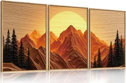 Large Mountain Framed Canvas Wall Art Set, Abstract Ridge Sun Painting, Boho Sunset Scenery Wall