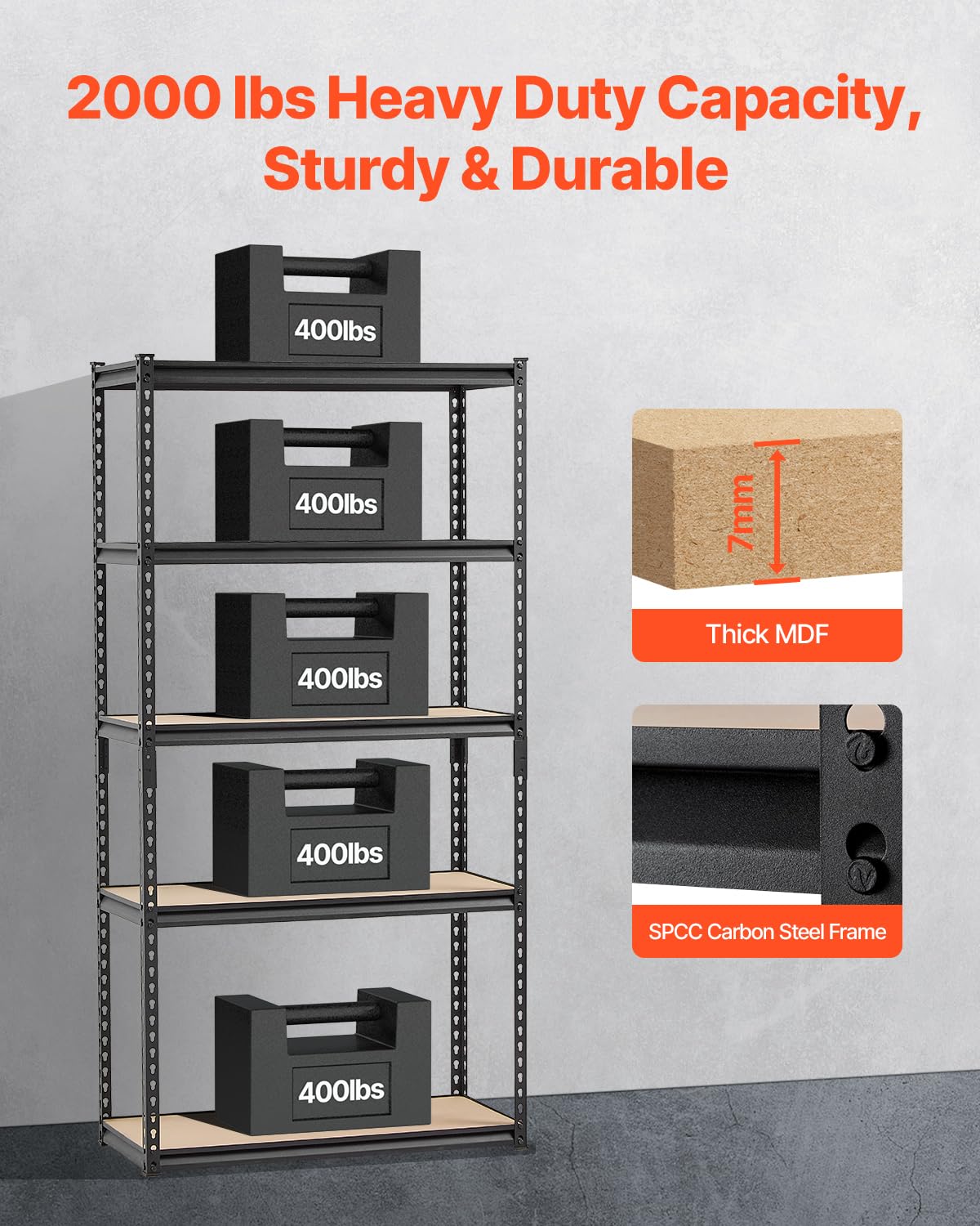 VEVOR Storage Shelves, 2000 lbs, 5 Tier Garage Storage Shelving, 16" D x 36" W x 71.4" H Adjustable