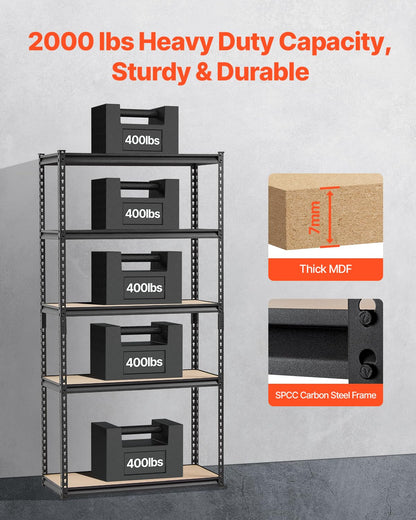 VEVOR Storage Shelves, 2000 lbs, 5 Tier Garage Storage Shelving, 16" D x 36" W x 71.4" H Adjustable