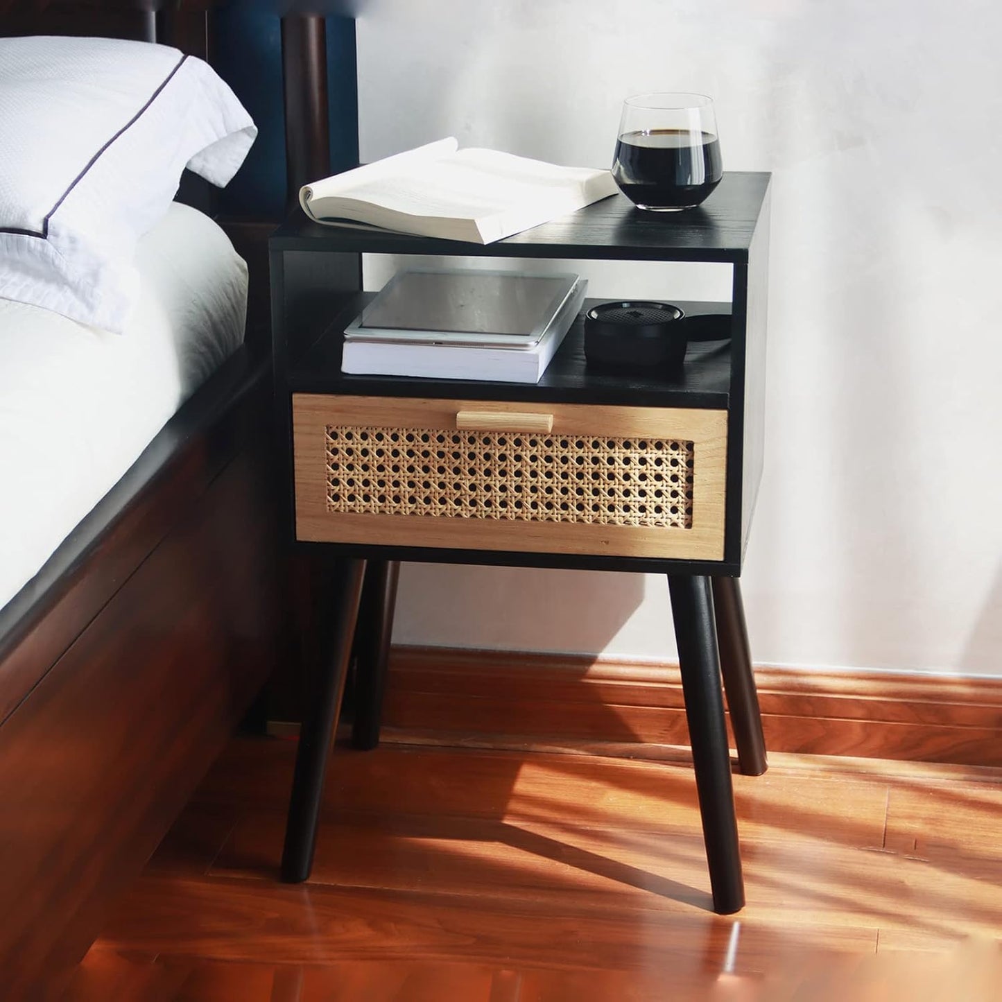 MaxSmeo End Table with Storage Mid Century Nightstand with Rattan Drawer and Shelf, Wood Small Side