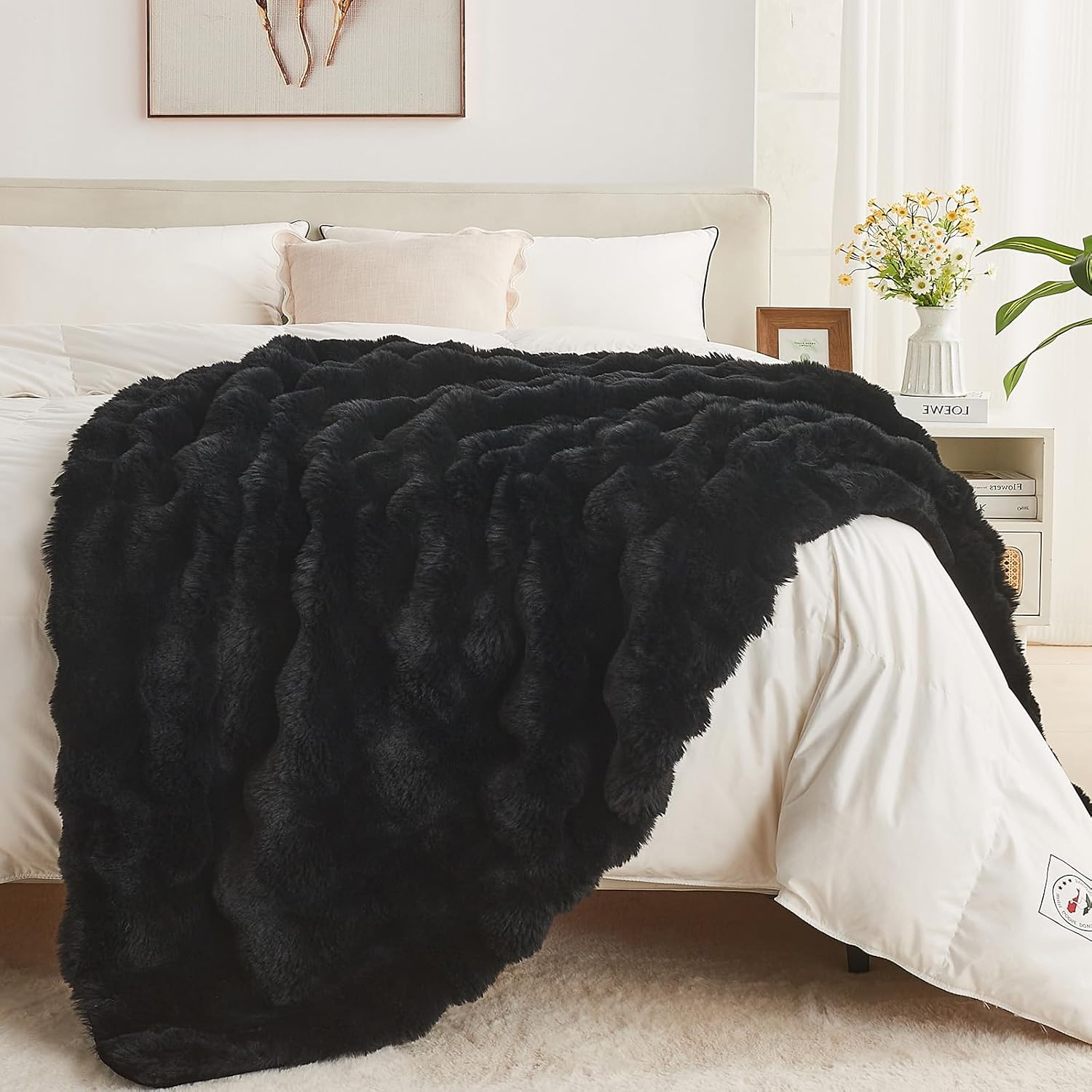 Lotus Karen Faux Fur Blanket - Black Twin Size, Big Bubble Rabbit Fluff, 60x80 Inches