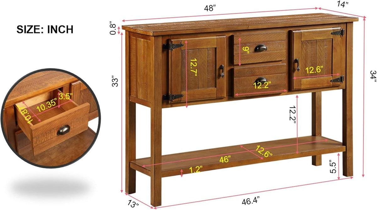 Solid Wood Farmhouse Console Table,Sofa Table with Storage Drawers and Shelves,Entryway Table for