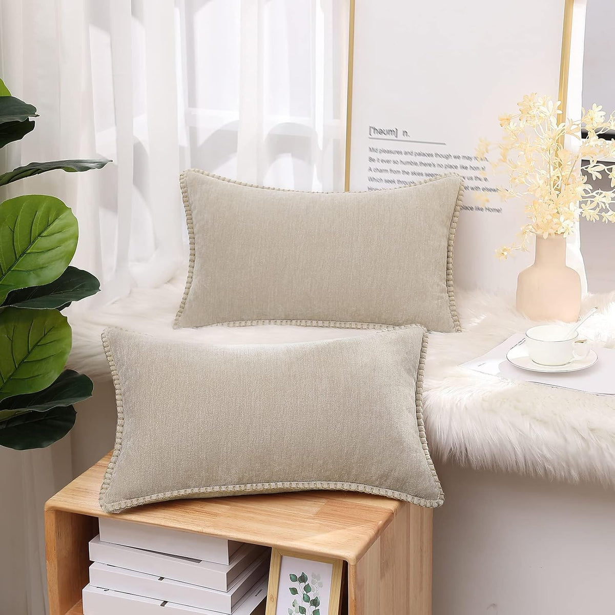 decorUhome Chenille Soft Throw Pillow Covers 12x20 Set of 2, Lumbar Velvet Farmhouse Neutral