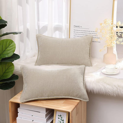 decorUhome Chenille Soft Throw Pillow Covers 12x20 Set of 2, Lumbar Velvet Farmhouse Neutral