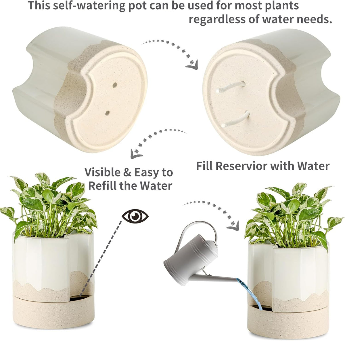 Nihow Self Watering Plant Pot: 8 Inch Ceramic Planter with Drainage Hole & Water Storage Plus for
