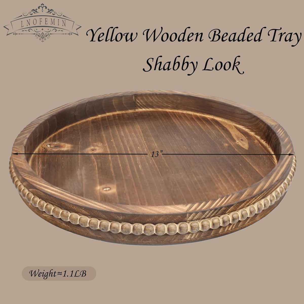 Round Burnt Wood Serving Tray with Beads, Wooden Decorative Tray for Entertaining, Decoration, and
