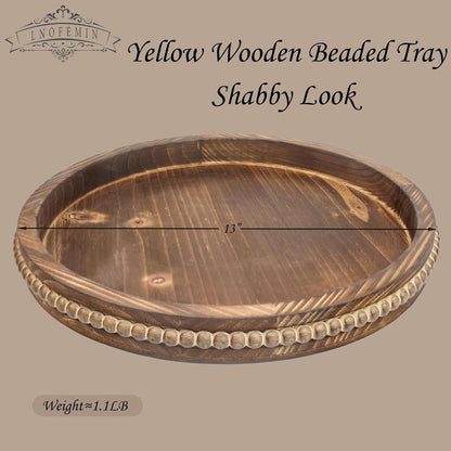 Round Burnt Wood Serving Tray with Beads, Wooden Decorative Tray for Entertaining, Decoration, and