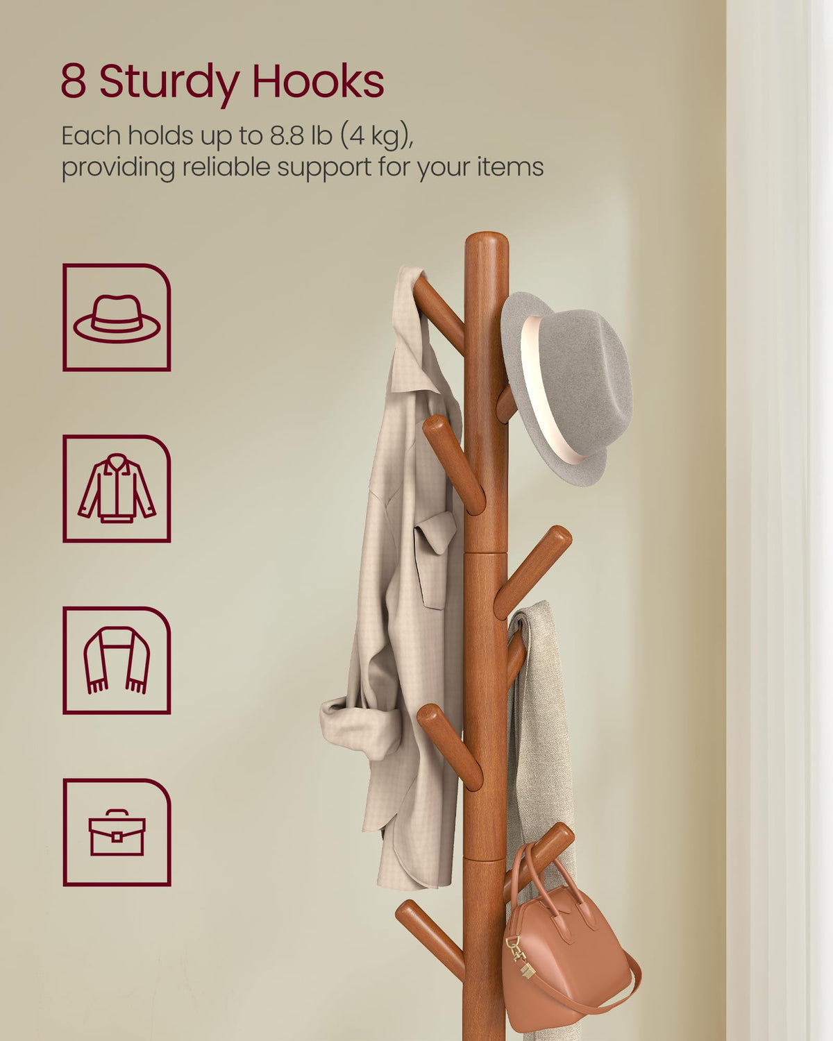 VASAGLE Coat Rack, Free Standing Coat Stand, Hall Coat Tree with 8 Hooks and Storage Shelf, 69.2