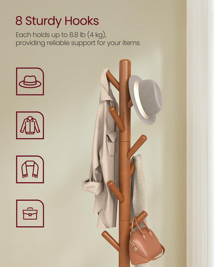 VASAGLE Coat Rack, Free Standing Coat Stand, Hall Coat Tree with 8 Hooks and Storage Shelf, 69.2