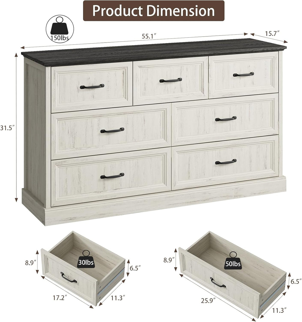 Farmhouse 7 Drawer Dresser for Bedroom, 55 Inch Wide Modern White Dresser TV Stand with Large