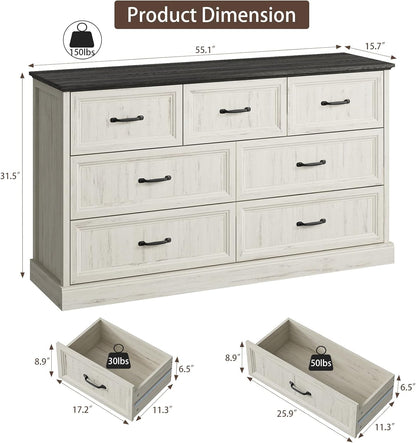 Farmhouse 7 Drawer Dresser for Bedroom, 55 Inch Wide Modern White Dresser TV Stand with Large