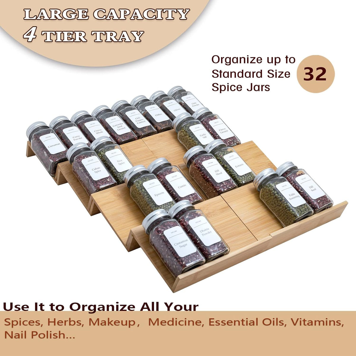 Bamboo Spice Rack Drawer Organizer - 8 Pieces Set- 7" Wide Per Piece - Combine Pieces Into 14" Wide