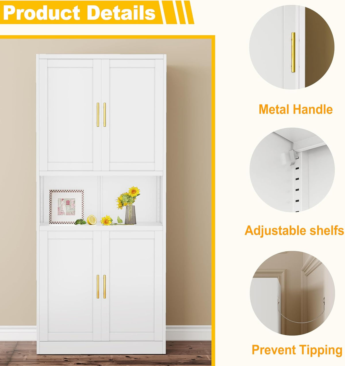 Tall Pantry Cabinet 67" H Metal Cabinet with 4 Doors, Bathroom Cabinets, 3 Adjustable Shelves for