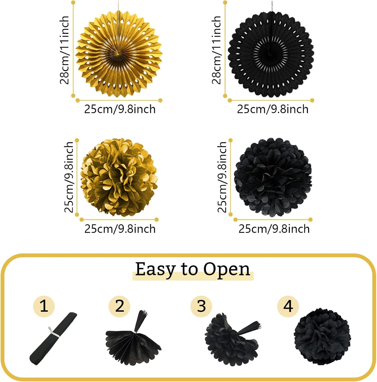 Black and Gold Decorations, Paper Pompoms Fan for Graduation Birthday Wedding Prom Night New Years