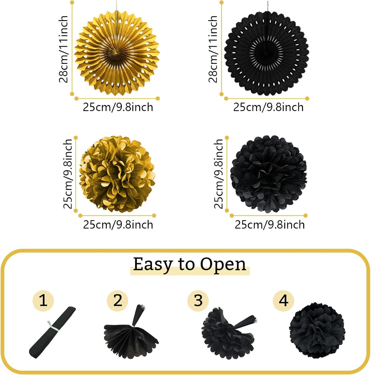 Black and Gold Decorations, Paper Pompoms Fan for Graduation Birthday Wedding Prom Night New Years